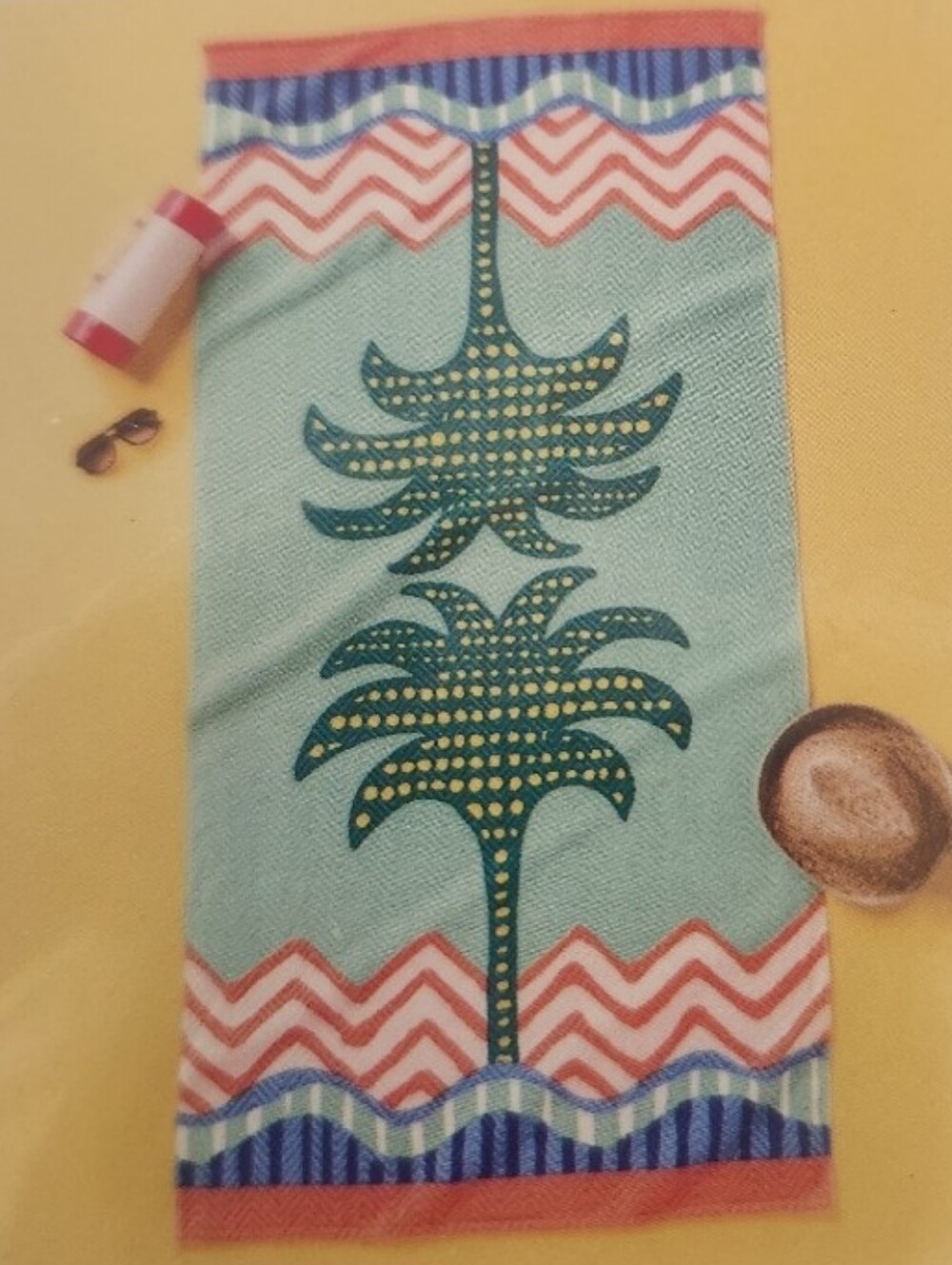 Palm Pattern Beach Towel with Coral and Blue Accents Nwt 6" Long